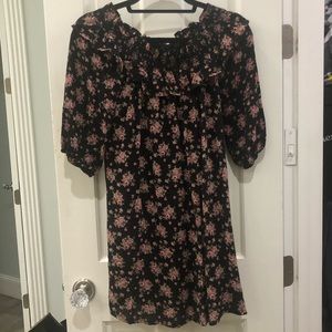 BLACK MOODY FLORAL OFF THE SHOULDER DRESS.